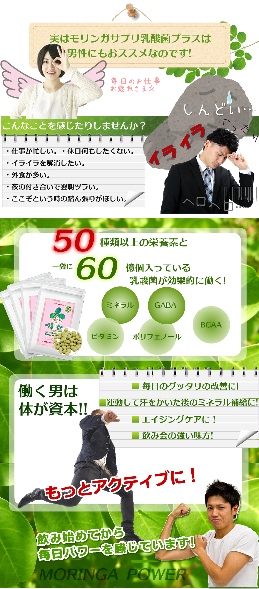 実はモリンガサプリ乳酸菌プラスは　男性にもおススメなのです!50種類以上の栄養素と60億個入っている乳酸菌が効果的に働く!